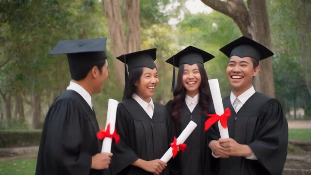 Graduates in academic gowns celebrating with diplomas outdoors - Powered by Adobe