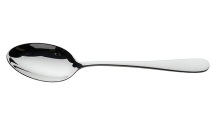 Gleaming stainless steel spoon rests horizontally, reflecting light against a white background