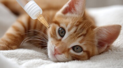 Doctor gives kitten a shot with a glass syringe in a pet care setting captured with a macro lens, showing fine details and bright eyes