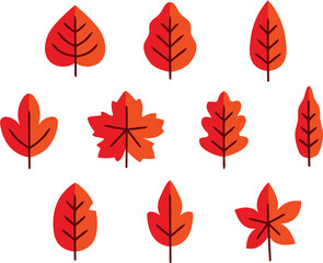 autumn, fall, leaves, leaf, nature, season, foliage, seasonal, tree, plant, organic, design, graphic, illustration, icon, symbol, collection, set, red, orange, warm colors, simple, flat design, white 
