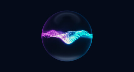 Futuristic glowing abstract orb with neon particle waves in dark background. AI technology concept. 3d rendering