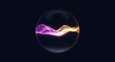 Futuristic glowing abstract orb with neon particle waves in dark background. AI technology concept. 3d rendering