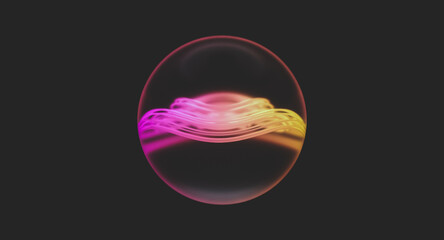 Futuristic glowing abstract orb with neon waves in dark background. AI technology concept. 3d rendering