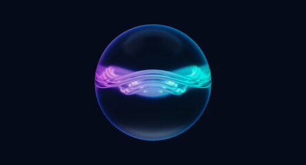 Futuristic glowing abstract orb with neon waves in dark background. AI technology concept. 3d rendering