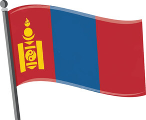 A waving flag of Mongolia, featuring a red stripe on the left with the Soyombo symbol, a blue middle stripe, and a red stripe on the right.