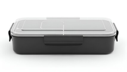 Black rectangular food container with transparent lid and secure clips