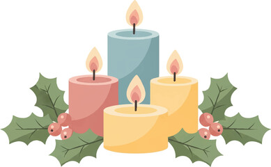 A festive arrangement of five lit pastel candles surrounded by green holly leaves and red berries, evoking a holiday spirit.