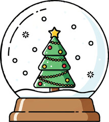 A classic snow globe with a decorated Christmas tree inside, featuring falling snowflakes and a wooden base, perfect for winter holidays.