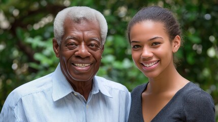 Smiling senior man in wheelchair with young woman outside a house on a sunny day enjoying their time together in the front yard