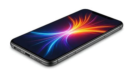 Angled view of a smartphone featuring a vibrant, abstract light burst on the screen