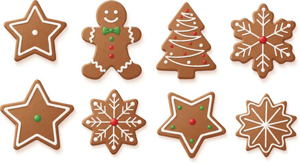 Collection of eight festive gingerbread cookies with white icing decorations, including stars, a gingerbread man, and Christmas trees, on a white background.