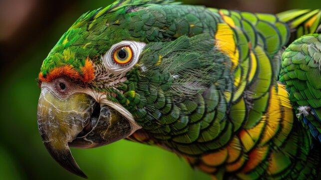 A close up shot of a festive amazon parrot showing its colorful feathers and intense eye detail clearly 100 - Powered by Adobe