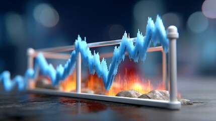 Value at Risk concept: dynamic blue fluctuating financial graph over fiery flames and rocks, symbolizing market volatility and economic crisis. Dramatic 3D.