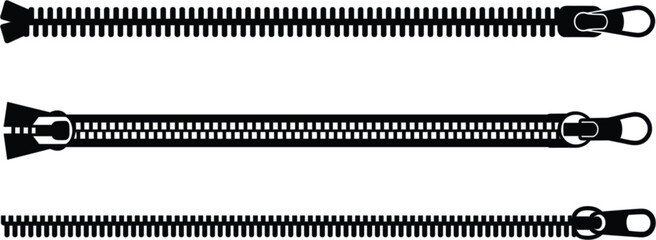 Zipper illustration set, black silhouette style, fashion hardware, garment accessory, textile tool, slider detail, vector graphic, design, art