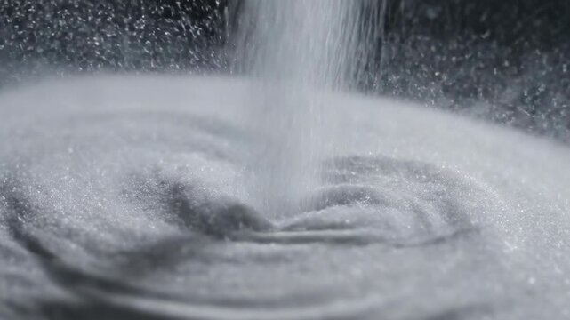 Dense field of microscopic white particles cascading and shifting like sand, temporarily forming delicate, amorphous patterns in blackness fluid, abstract, smoke