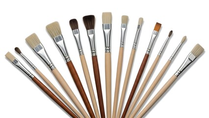 Fototapeta premium Assorted artist brushes fanned out on white. Varied shapes, sizes, and natural bristles