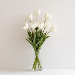 White Tulips in Glass Vase on White Surface