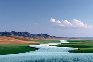 Winding Field Path Leading Through Rolling Hills Under Blue Sky