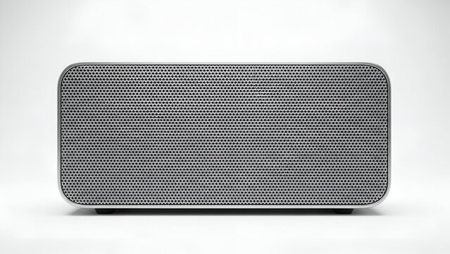Rectangular, gray speaker with perforated front, rounded corners, and black base, isolated