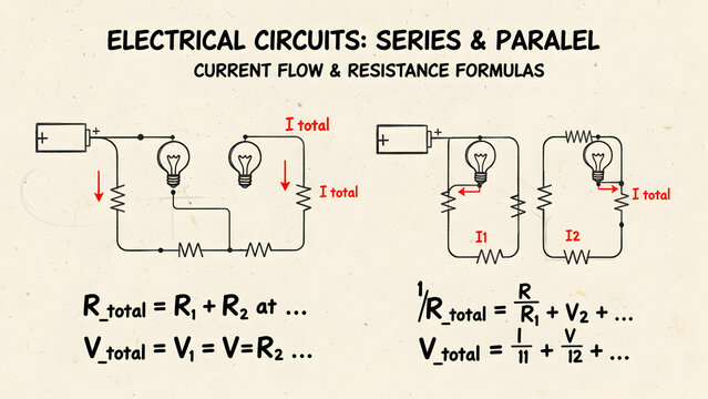 Detailed sketch raster diagram depicting series and parallel circuits with light bulbs and resistors, including current paths and resistance calculations, perfect for educational and scientific illust