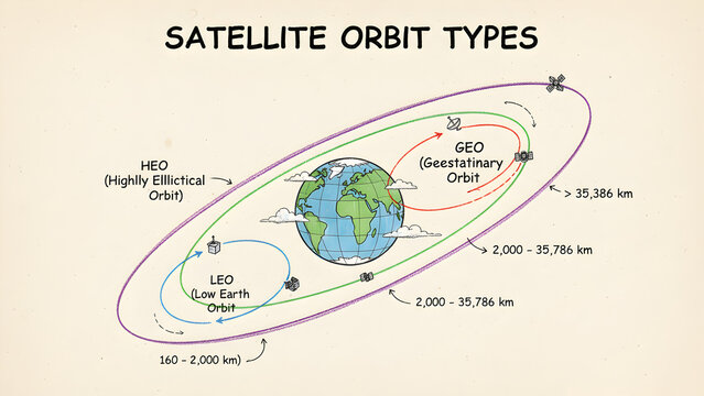 Hand-drawn raster schematic illustrating satellite orbit types - LEO, MEO, GEO, and HEO - showing distances and orbital paths around Earth, designed for science and astronomy education