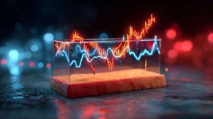 Glowing financial charts within a transparent cube, representing risk management and economic analysis in a modern digital landscape, with vibrant colors and intricate detail.