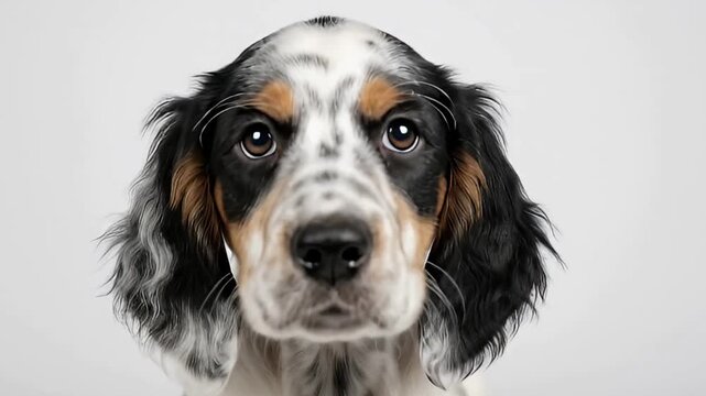 A charming, adorable young dog, likely a spaniel or setter type, with striking tricolor fur in black, white, and warm tan patches, gazes directly into the camera. Its large, soulful brown eyes convey 
