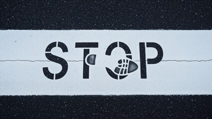 Pedestrian safety concept illustrated by "STOP" marking with a footprint on crosswalk