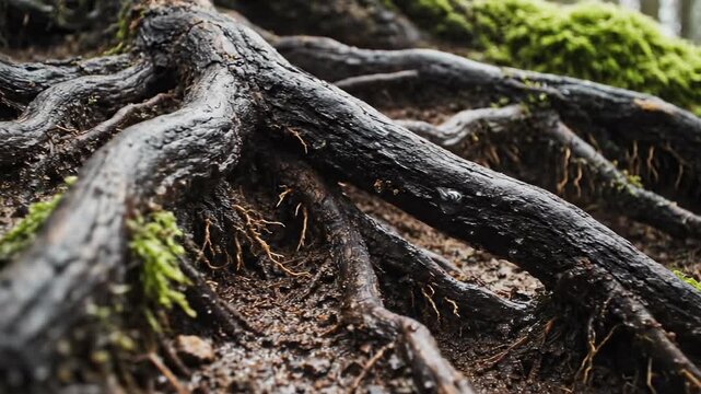 Detailed macro shot of dark, intertwined tree roots spreading across damp earth in a complex, naturally nonlinear arrangement demonstrating growth winding, woodland, dark intertwined tree roots