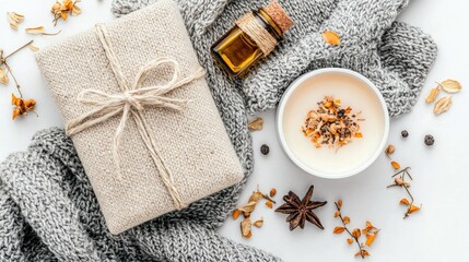 Wrapped Gift and Skincare Products on White Background
