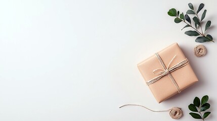 Wrapped Gift Box with Twine and Greenery on White Background