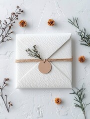 Wrapped Gift with Dried Flowers on White Textured Background