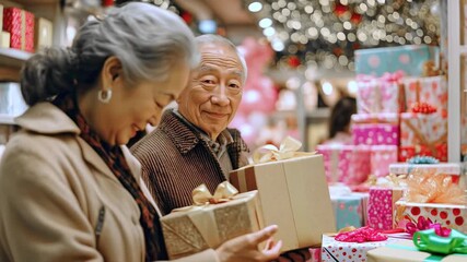 Happy senior man with gift. Elderly man enjoys festive market visit. Smiling, looking at present. Warm, joyful Christmas atmosphere. Holiday shopping experience. Celebrating with loved ones.