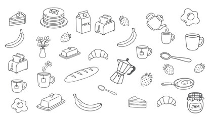 Outline Drawing Set of Everyday Morning Objects, Tea, Egg, and Croissant.