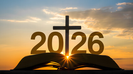 Christian cross with 2026 numbers over open bible at sunrise symbolizing new year faith
