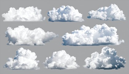 Eight fluffy, detached white cumulus clouds on a grey background