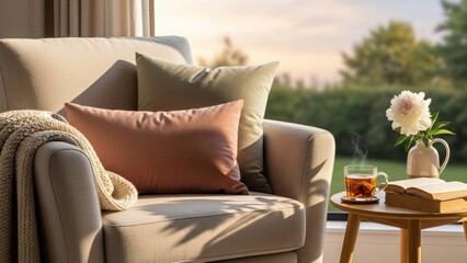 Cozy Afternoon Reading Nook with Tea and Flowers