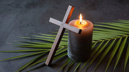 Wooden cross with burning candle and palm leaf symbolizing christian faith
