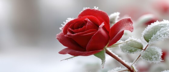Red rose bud covered in ice crystals in a winter garden on a cold morning among snow and frost