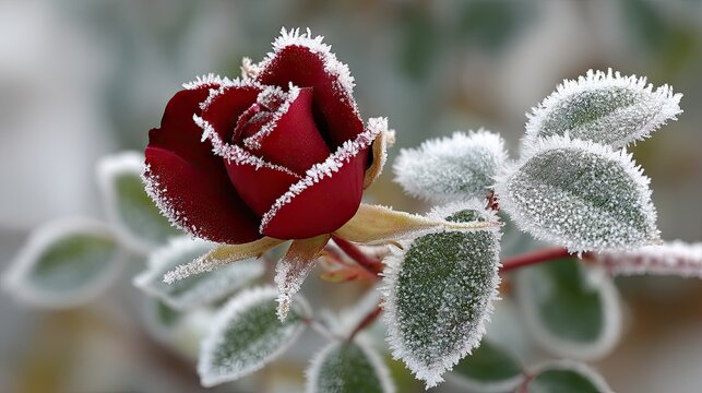 Close-up of a red rose with hoarfrost captured in a garden during a cold winter morning using macro photography techniques for focus and detail