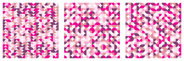Set of 3 pink abstract geometric backgrounds, brutalism bauhaus  elements in random order, different colors, seamless vector geo bg pattern,  wallpaper, fabric, creative web projects