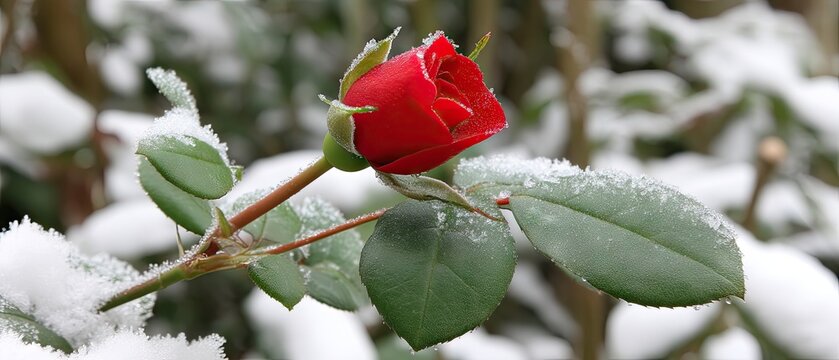 Close-up of a red rose bud covered in ice crystals in a garden on a cold morning during winter - Powered by Adobe