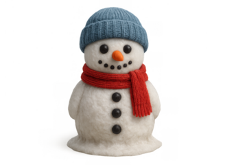Felt snowman wearing blue hat and red scarf, winter holiday character for christmas decoration