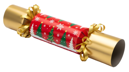 Christmas Cracker with Red and Green Festive Pattern and Gold Ends Isolated party popper
