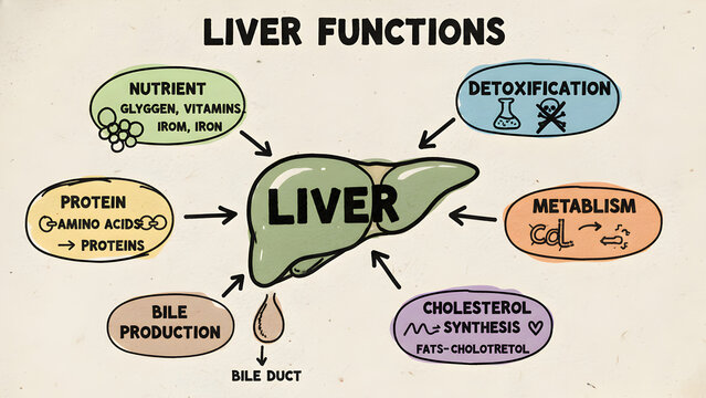 Sketch of Liver Responsibilities Showing Toxin Removal, Biochemical Metabolism, Protein Creation, Bile Secretion, Cholesterol Formation, and Nutrient Reservoirs &ndash; Educational Medical Raster Illustrati