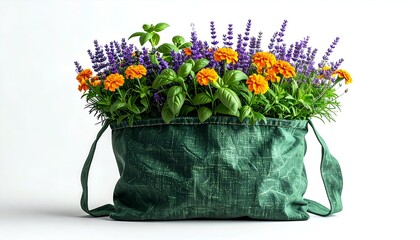 A denim bag overflowing with vibrant purple, orange, and green flowers and herbs