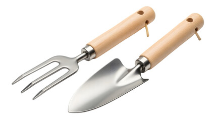 Fototapeta premium Gardening Tools Set Fork and Trowel with Wooden Handles on Black Background Keywords: gardening, tools, fork, trowel, shovel, spade, hand