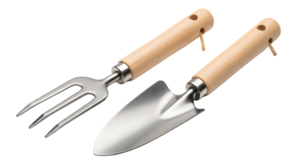 Gardening Tools Set Fork and Trowel with Wooden Handles on Black Background Keywords: gardening, tools, fork, trowel, shovel, spade, hand
