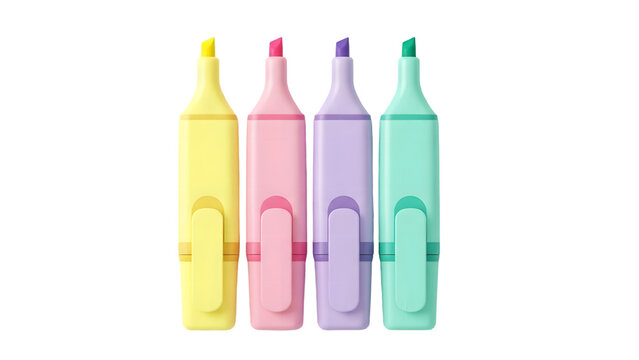 Four Pastel Colored Highlighters Lying Side by Side on a White Background markers pens