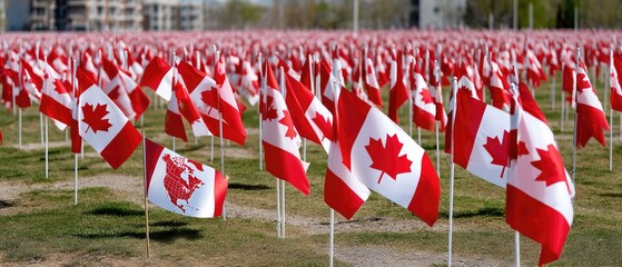 Large field filled with Canadian flags waving in the breeze with children's banners celebrating Canada Day in a well-manicured grass area